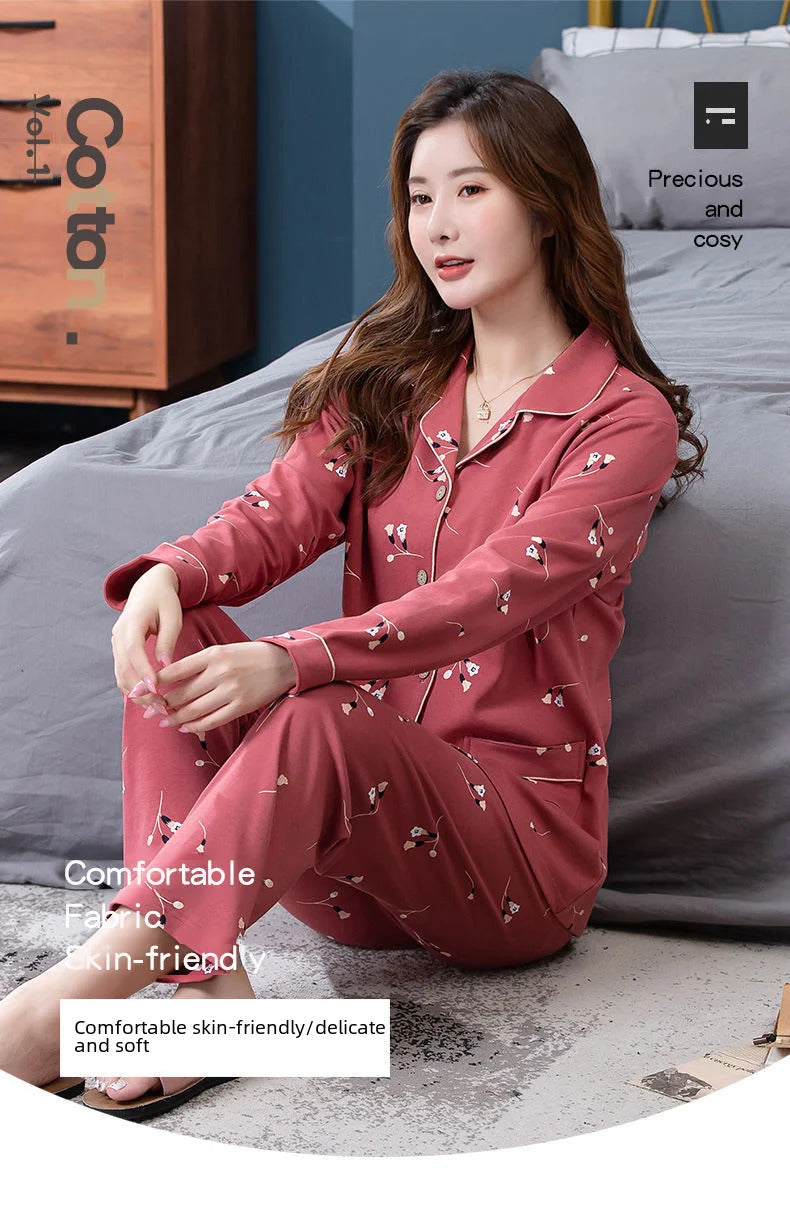 100% Cotton Long Sleeve Cardigan Pajama Set For Middle-aged Elderly Women Autumn Outer Wear Homewear