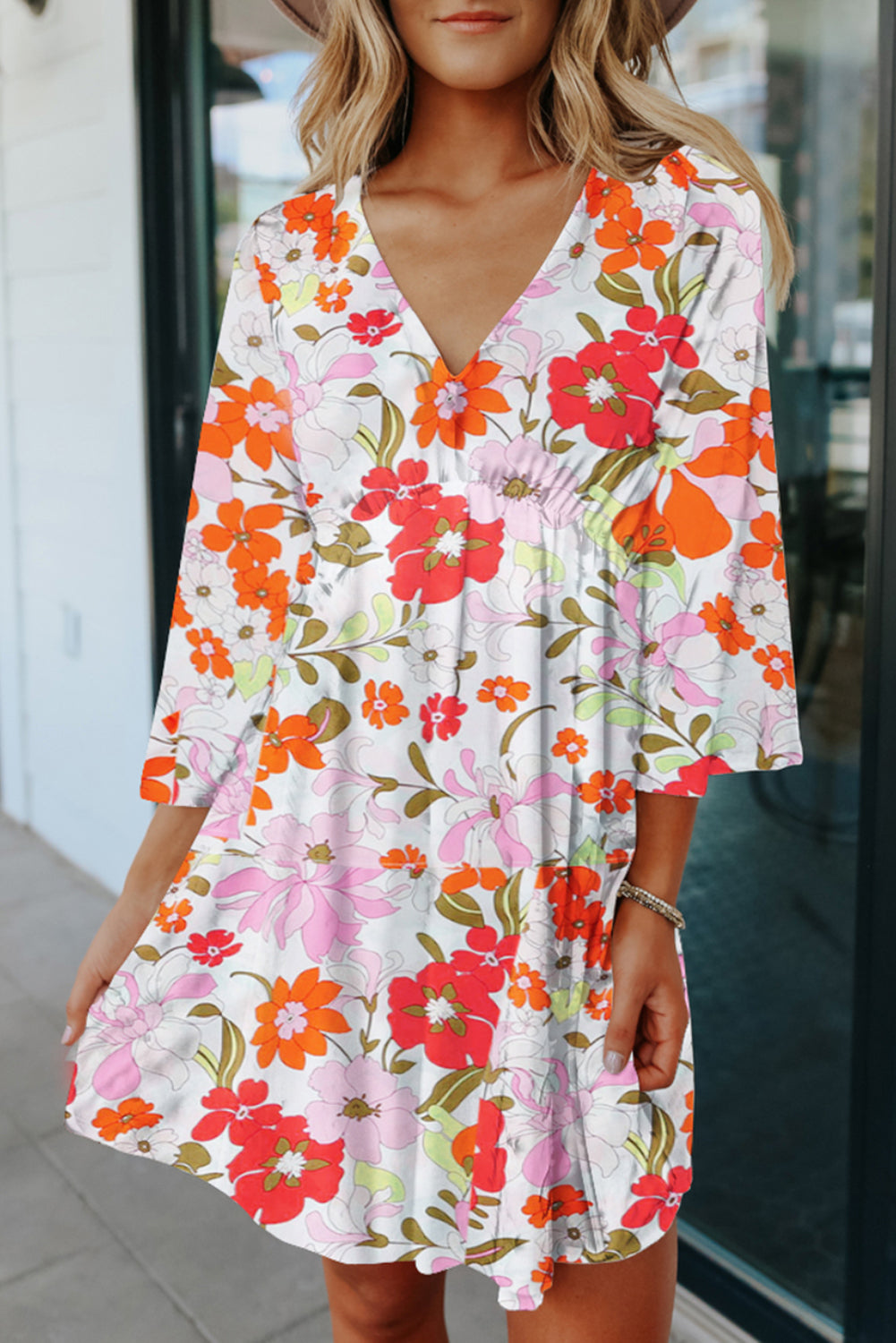 Women's V Neck 3/4 Sleeve Floral Dress