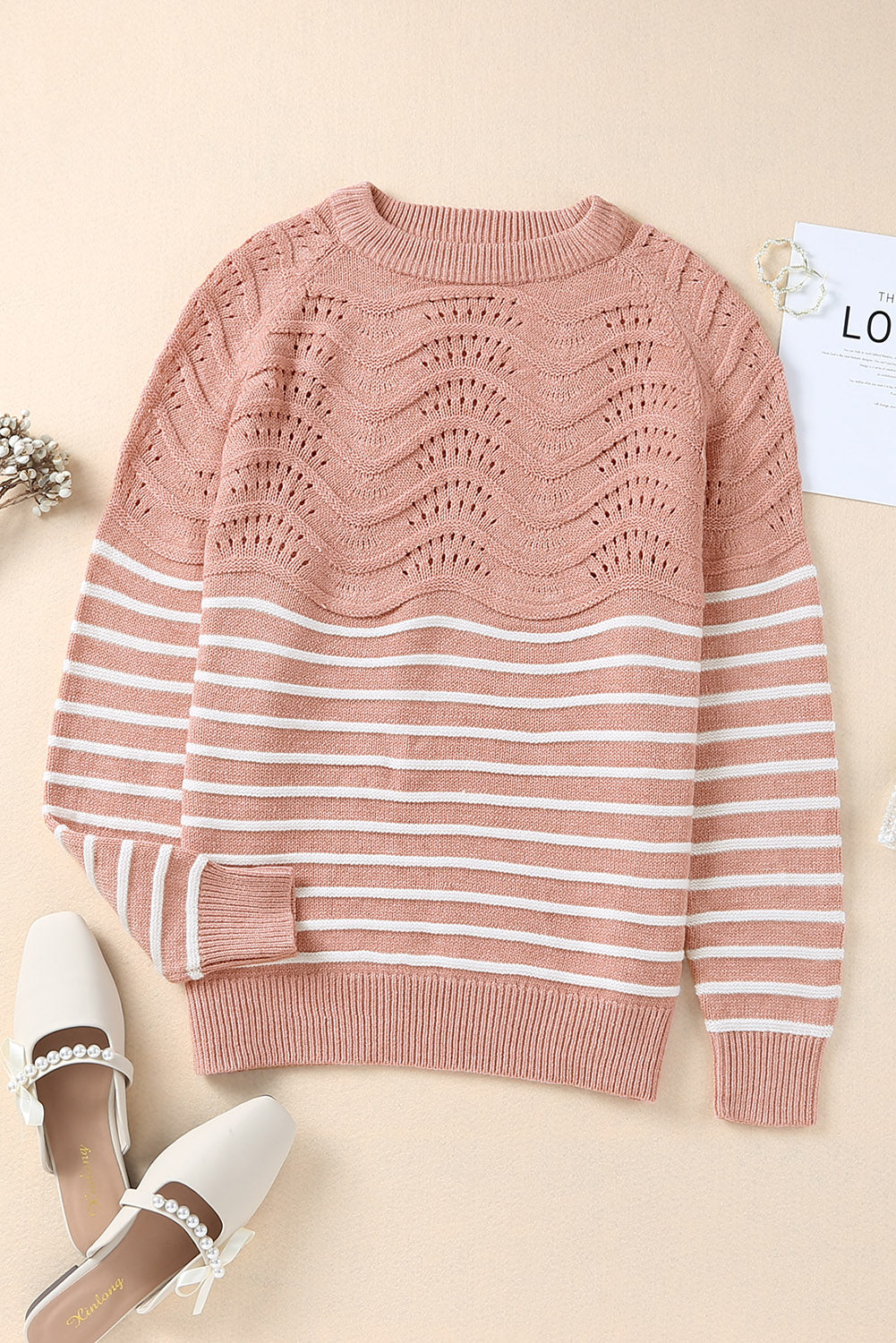 Pink Striped Textured Long Sleeve Knit Sweater