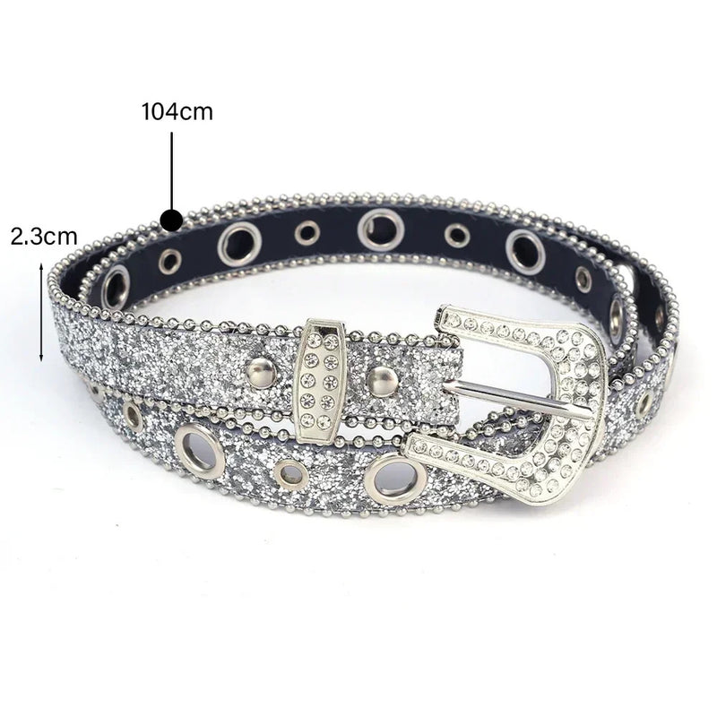 Y2K Women Fashion Solid Print Studded Full Rhinestone Belt PU Leather Bling Crystal Adjustable Glitter Waistband for Club Party