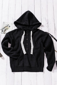 Black Kangaroo Pocket Button Lace Drawstring Hooded Pullover Sweater