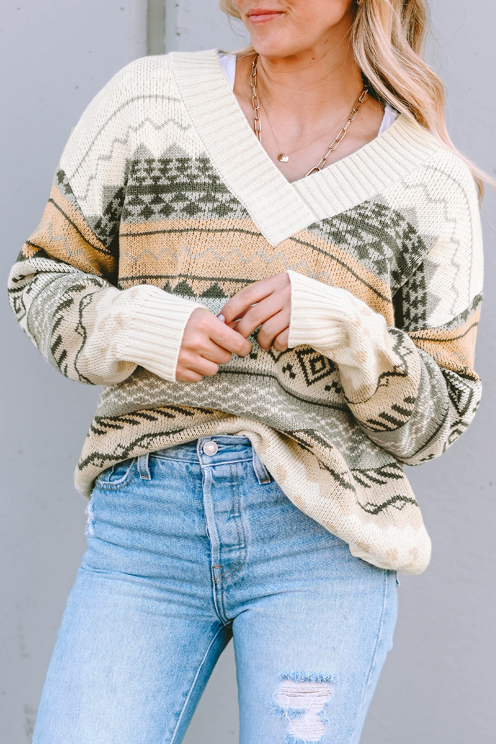 Khaki Geometric Print Ribbed Knitted V Neck Sweater