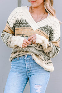 Khaki Geometric Print Ribbed Knitted V Neck Sweater