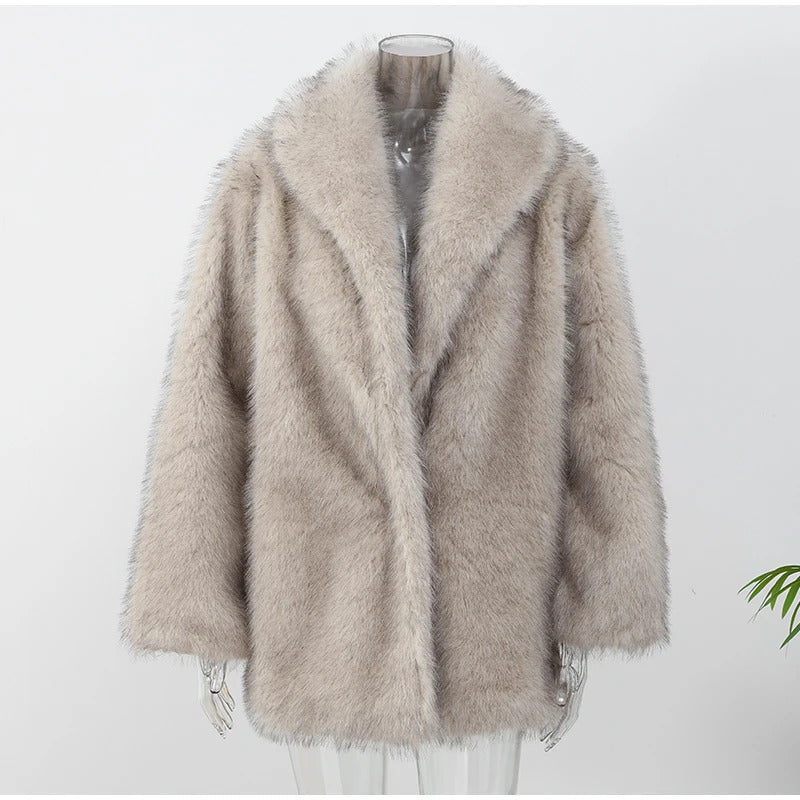 Luxury Fluffy Women Faux Fur Overcoat Fashion Lapel Long Sleeve Pockets Cardigan Jacket Winter Female Chic Thick Streetwear 2024