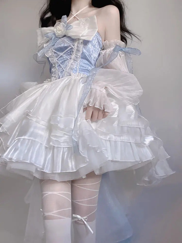 French Romantic Style Lolita Op Elegant Girl Cosplay Princess Puff Sleeve Ribbon Bowknot Flower Tunic Mesh Fantastic Fairy Dress