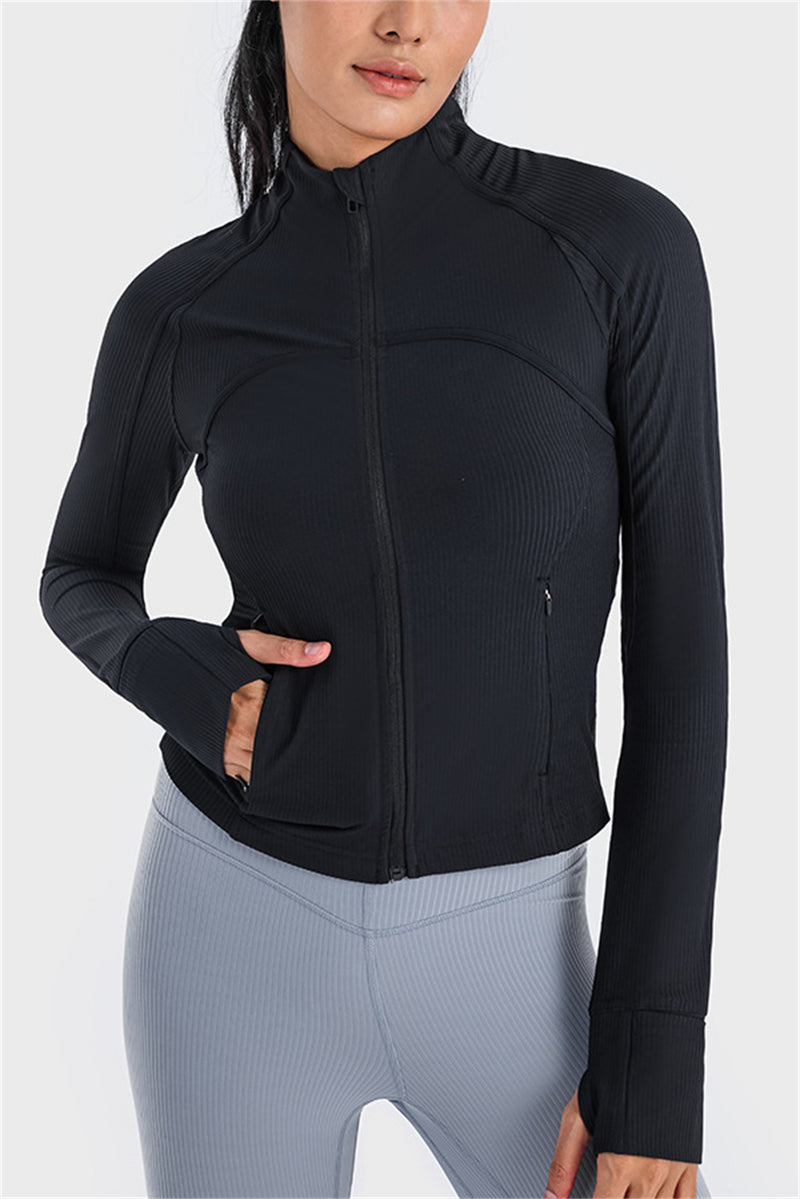 Black Ribbed Stitching Thumbhole Sleeve Zip Up Active Top