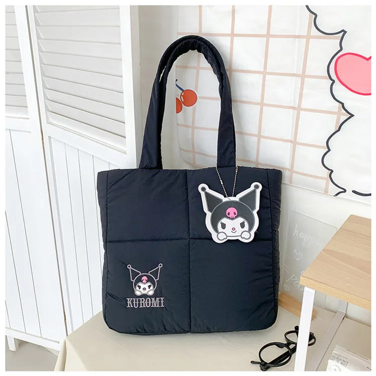 2024 New Sanrio Handbag Cartoon Cute Down Fabric Kuromi Tote Bag Shoulder Pacha Dog Cute Stationery Bag Large Capacity Handbag