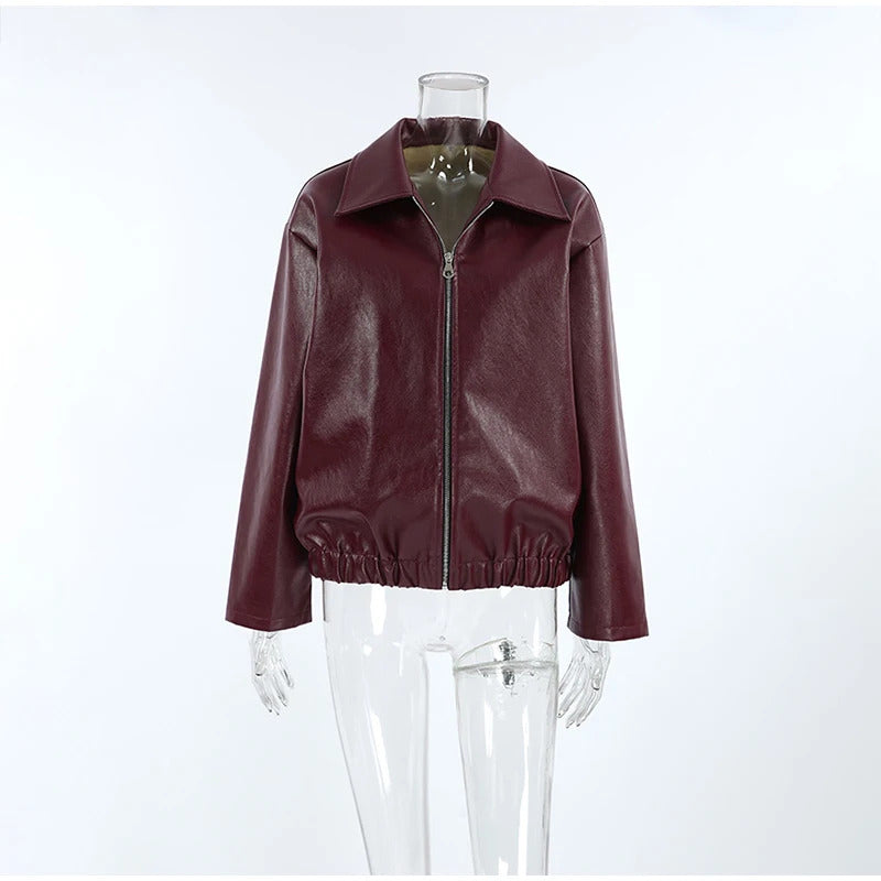 Elegant Burgundy Faux Leather Jackets Women Fashion Lapel Zipper Long Sleeve Female Coats 2024 Autumn Winter Lady Street Outwear