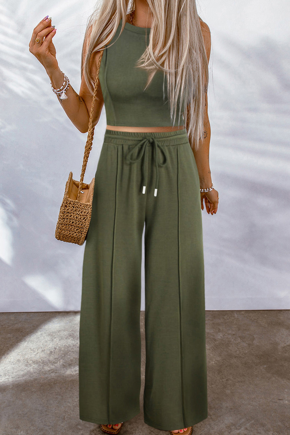 Jungle Green Solid Sleeveless Crop Top and Wide Leg Pants Set