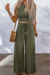 Jungle Green Solid Sleeveless Crop Top and Wide Leg Pants Set