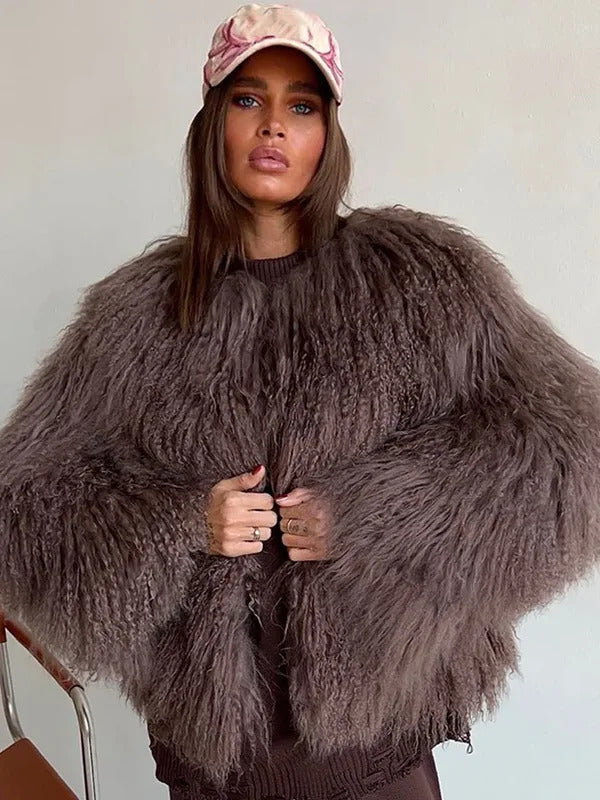 Burgundy Fluffy Faux Fur Warm Short Coat Lady Elegant Round Neck Long Sleeve Cardigan Jacket 2024 Women Winter Street Outerwear