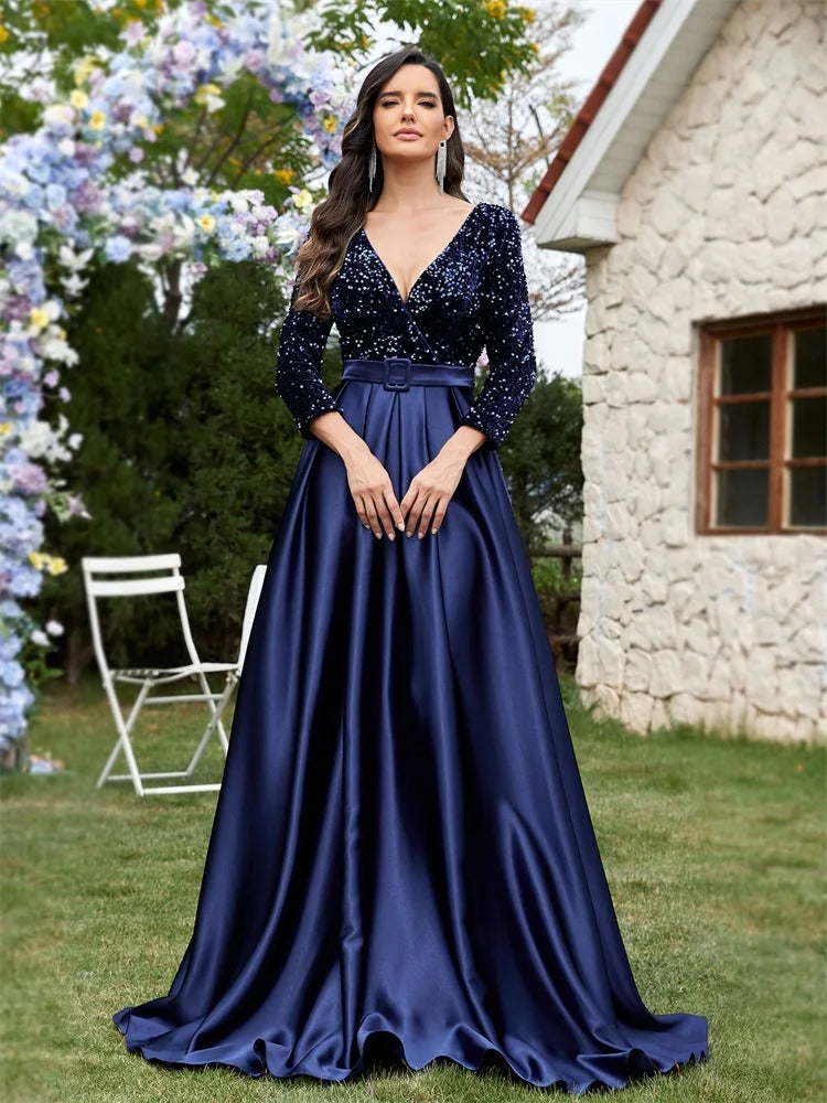 Lucyinlove Luxury Long Sleeve V-Neck Satin Formal Evening Dress 2024 Elegant Wedding Party Sequins Women Prom Cocktail Dresses