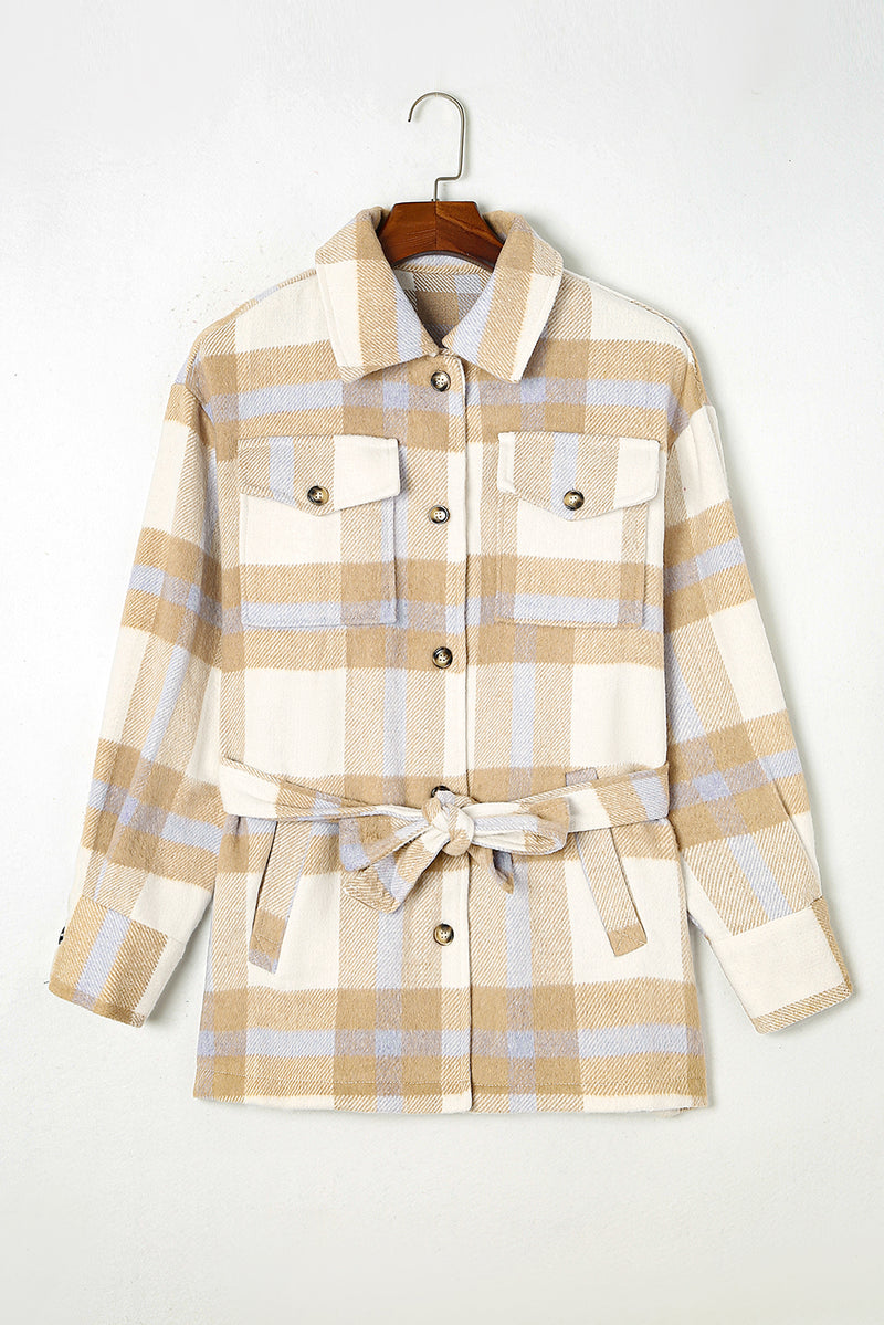 Khaki Plaid Button-Up Flap Pocket Shacket