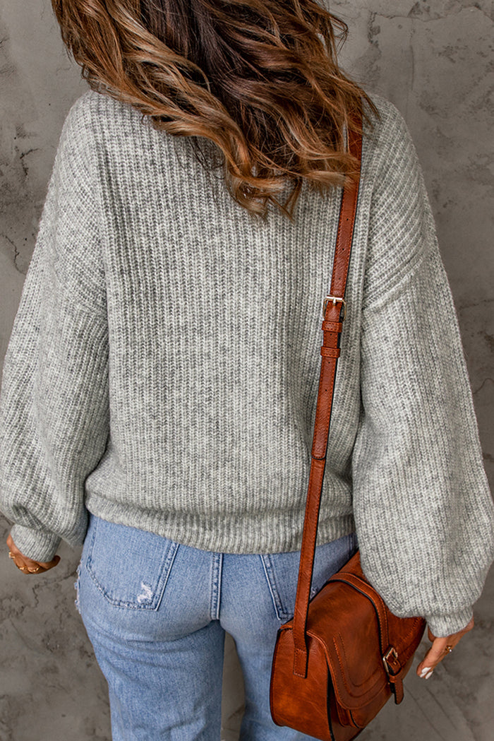 Gray High Neck Drop Shoulder Plain Sweater