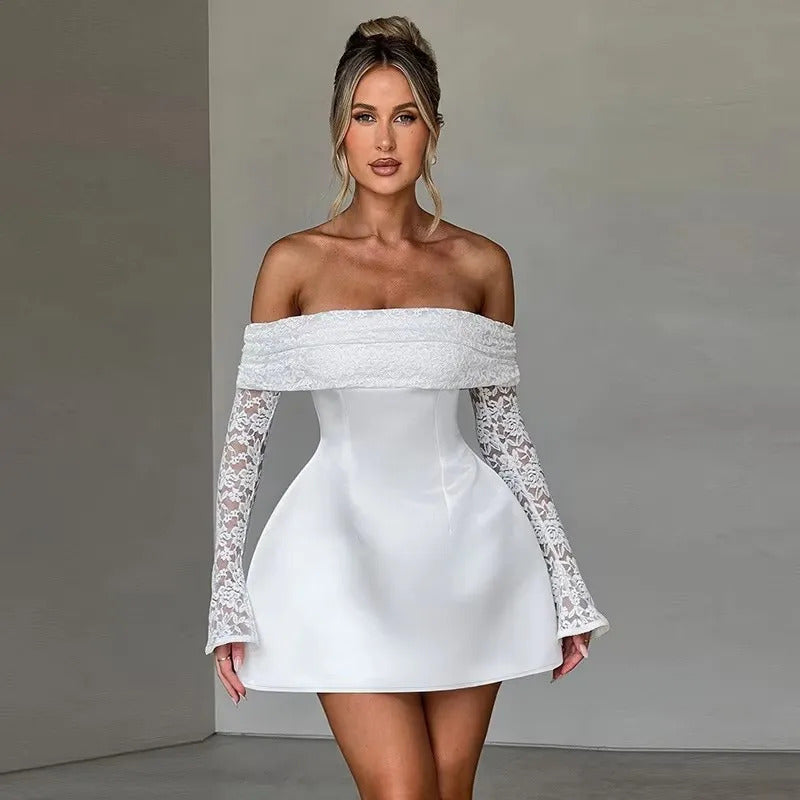 NIDANSSI White Satin Lace Glitter Evening Party Dress Women Backless Robes Elegant Sexy Dress Bodycon Mini Winter Dress Vestidos