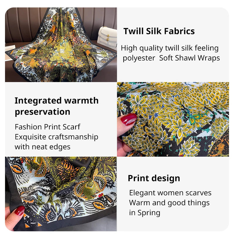 90cm Silk Twill Square Scarf For Women Spring Print Hair Band Hijab Foulard Sunsceen Neckerchief Shawl Wraps Echarpe New