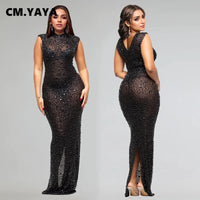 CM.YAYA 2024 Fall Diamonds Hot Rhinestones O-neck Women Sleeveless Bodycon Long Dress Birthday Party Evening Prom Maxi Dresses