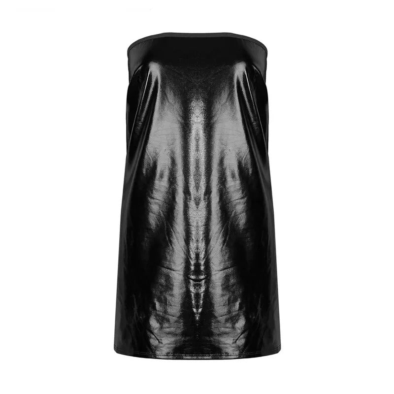 Sexy Dresses Women PU Solid Color Dress Clubwear Imitation Leather Chest Wrap Dress Slieeveless Short Skirt For Ladies