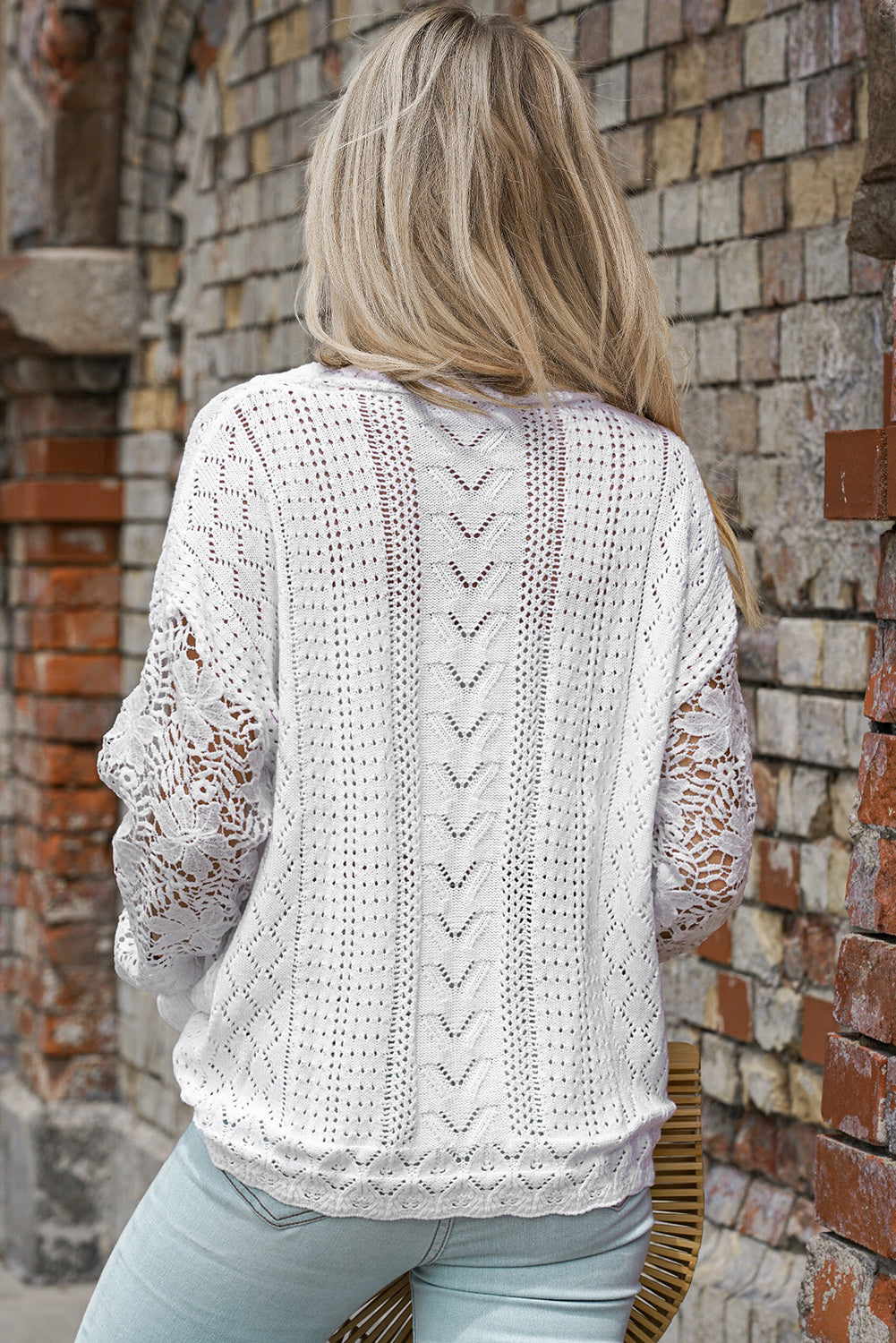 White Crochet Lace Pointelle Knit Sweater