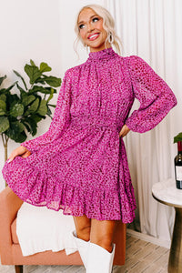 Rose Leopard Puff Sleeve Knotted High Neck Ruffle Dress