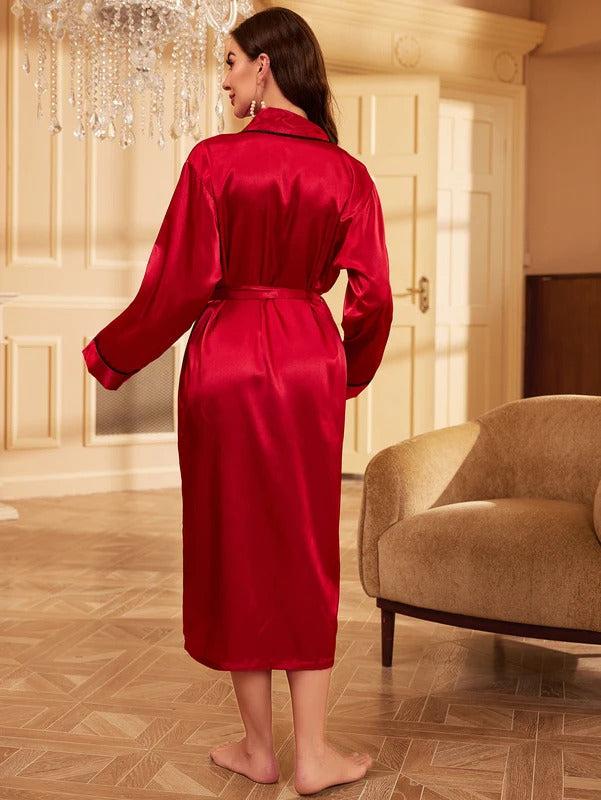 Simple Satin Night Robe Long Sleeve V Neck Robe With Belt  Women's Sleepwear