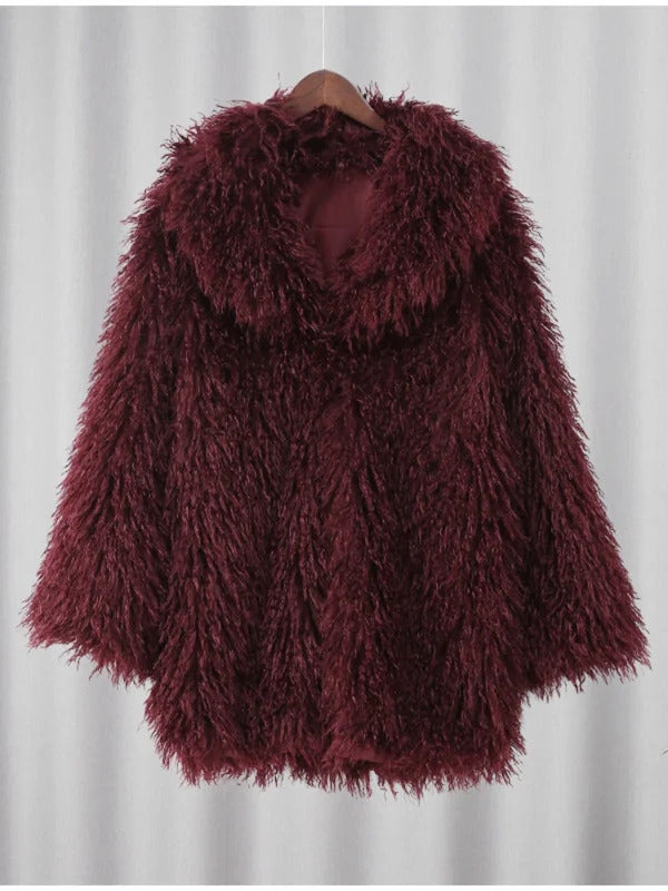 Red Smooth Hooded Fluffy Faux Fur Women Fasion Turn-down Collar Jacket Coat Winter Warm  Casual Commute High Street Outerwear