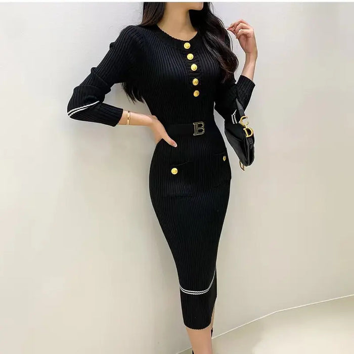 Autumn Winter Women Knitted Dress Brand Fashion O-neck Buttons Bodycon Sweater Dress with Belt Lady Office Dress