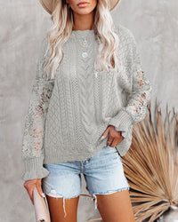 Gray Crochet Lace Pointelle Knit Sweater