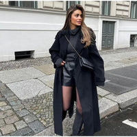 Elegant With Belt Black Long Coat For Women Oversize Woolen Double Button Lapel Overcoat Autumn New Lady High Street Outerwear