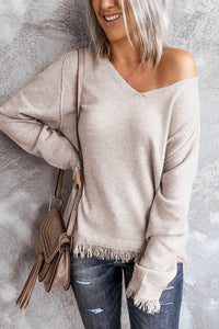 Solid Color V Neck Tasseled Sweater