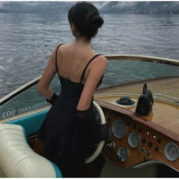 Woman Sexy Black Suspender Patchwork Dress Fashion High Waisted Slim Fitting Mesh Backless Robe 2025 Chic Ladies Evening Dresses