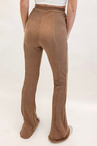 Brown Ribbed Knit High Rise Flare Leggings