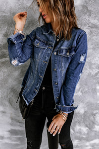 Blank Apparel - Blue Lapel Distressed Raw Hem Buttons Denim Jacket