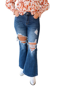 Blue High Waist Distressed Cutout Flare Leg Jeans