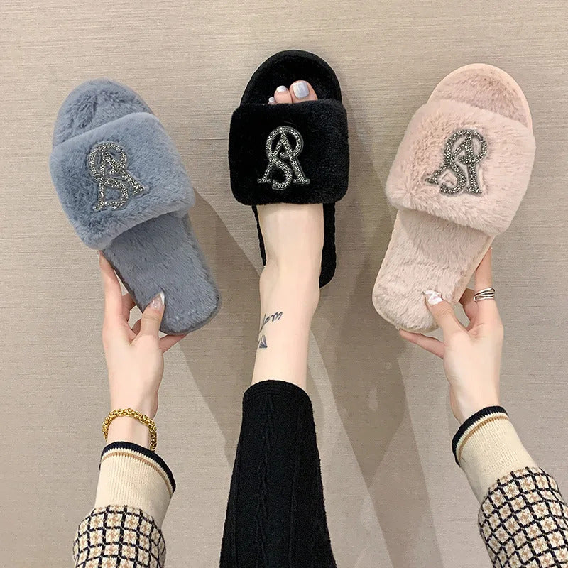 Female Home Cotton Slippers Women Autumn Winter Hairy Warm Footwear Fashion Letter Rhinestones Sandals Woman Casual Flat Shoes