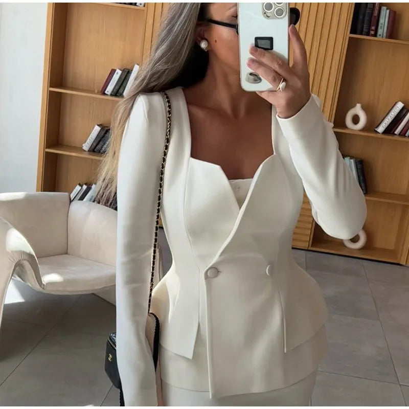 Elegant White Square Collar Long Sleeve High Waist Top Skirt Set Women Fashion Solid Slim Fit Suits 2025 Lady Chic Party Outfits