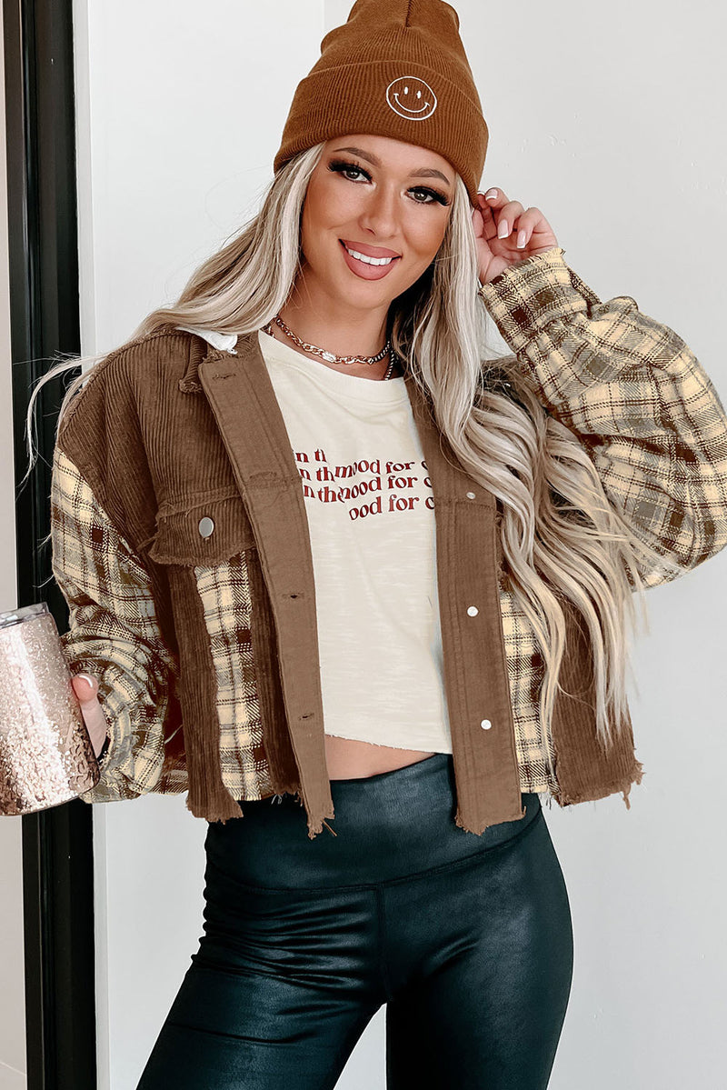 Brown Plaid Patchwork Distressed Hooded Cropped Jacket