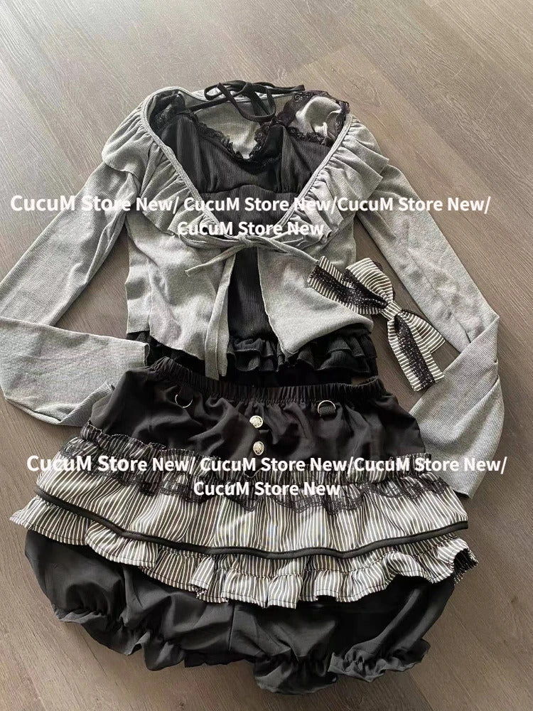 Sweet Lolita Lace Up Ruffles Cardigan+ Sexy Slim Fit Strapless Vest Tops+ High Waist Ruched Skirts Early Autumn Three Piece Sets