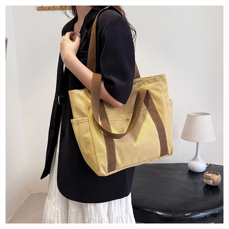 Preppy Style Shoulder Bag Unisex Large Capacity HandBag Casual Versatile Solid Canvas Bag Student Commuting Zipper Square Bag