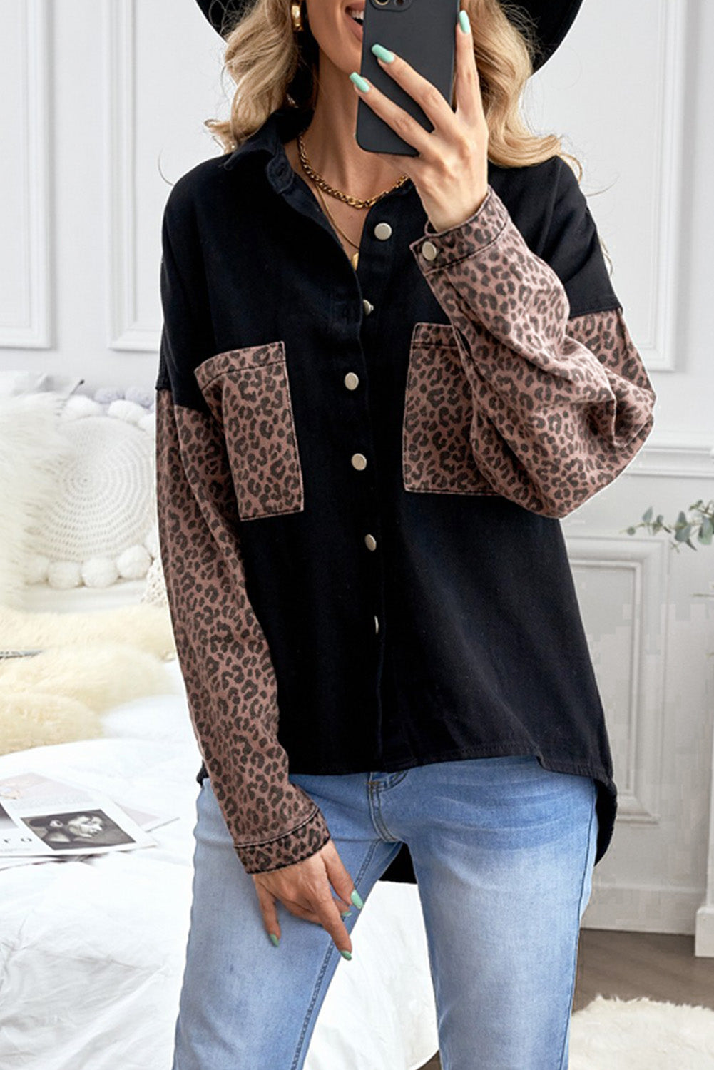 Blank Apparel - Black Contrast Leopard Denim Jacket