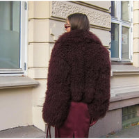 Retro Burgundy Tassels  Faux Fur Long Sleeves Short Coat Elegant Loose Turn-down Collar Jacket 2024 New Woman High Street Coats