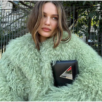 Oversize Green Faux Fur Short Jacket Coat Women Warm Thickened Fluffy Loose Long Sleeve Cardigan 2024 Winter Lady Street Outwear