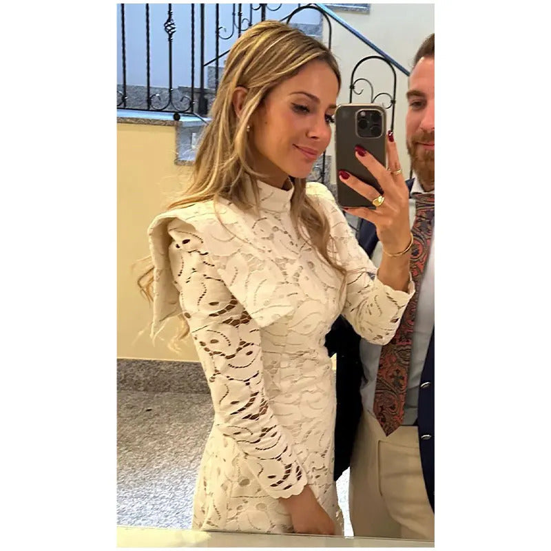 Elegant Hollow Out  Lace Maxi White Dress Women's Fashion Mock Neck Long Sleeved Shoulder Padded Robe 2024 Evening Females Wear