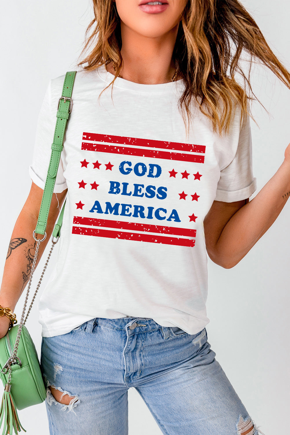 White GOD BLESS AMERICAN Star and Stripe Graphic Tee