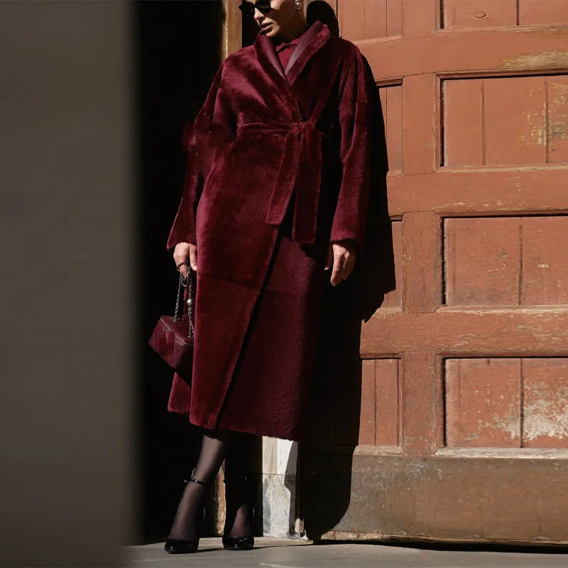 Burgundy Reversible Warm Faux Fur Leather Long Coat Elegant Women Belted Lapel Full Sleeve Overcoat 2024 Lady Thick Streetwear ﻿