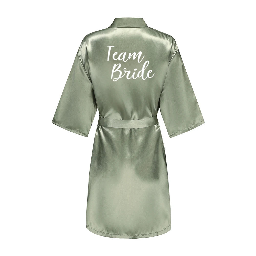 Grass Green Women's White Letter Bride Bridesmaid Short Satin Robes for Wedding Party Getting Ready