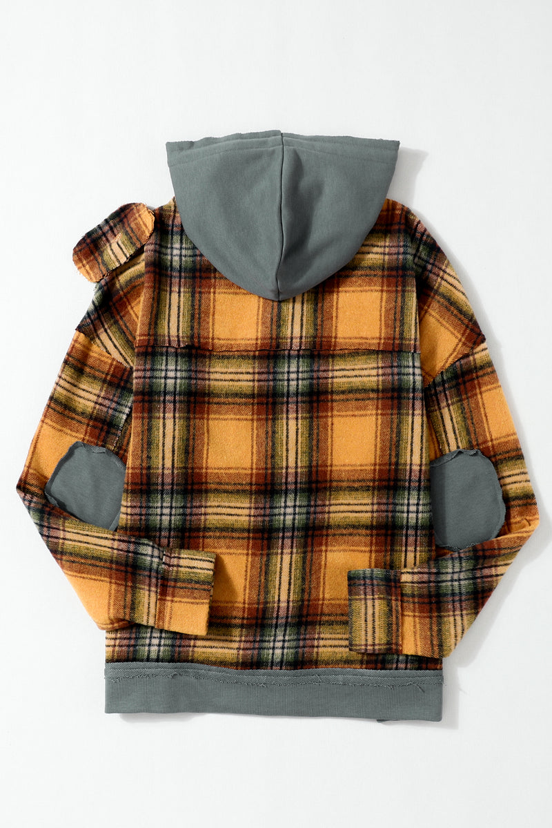 Medium Grey Plaid Patch Hooded Frayed Snap Button Jacket