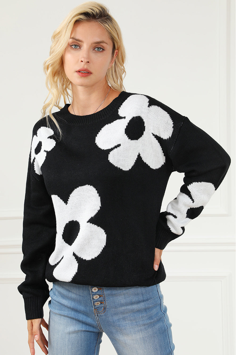 Big Flower Pattern Knit Sweater