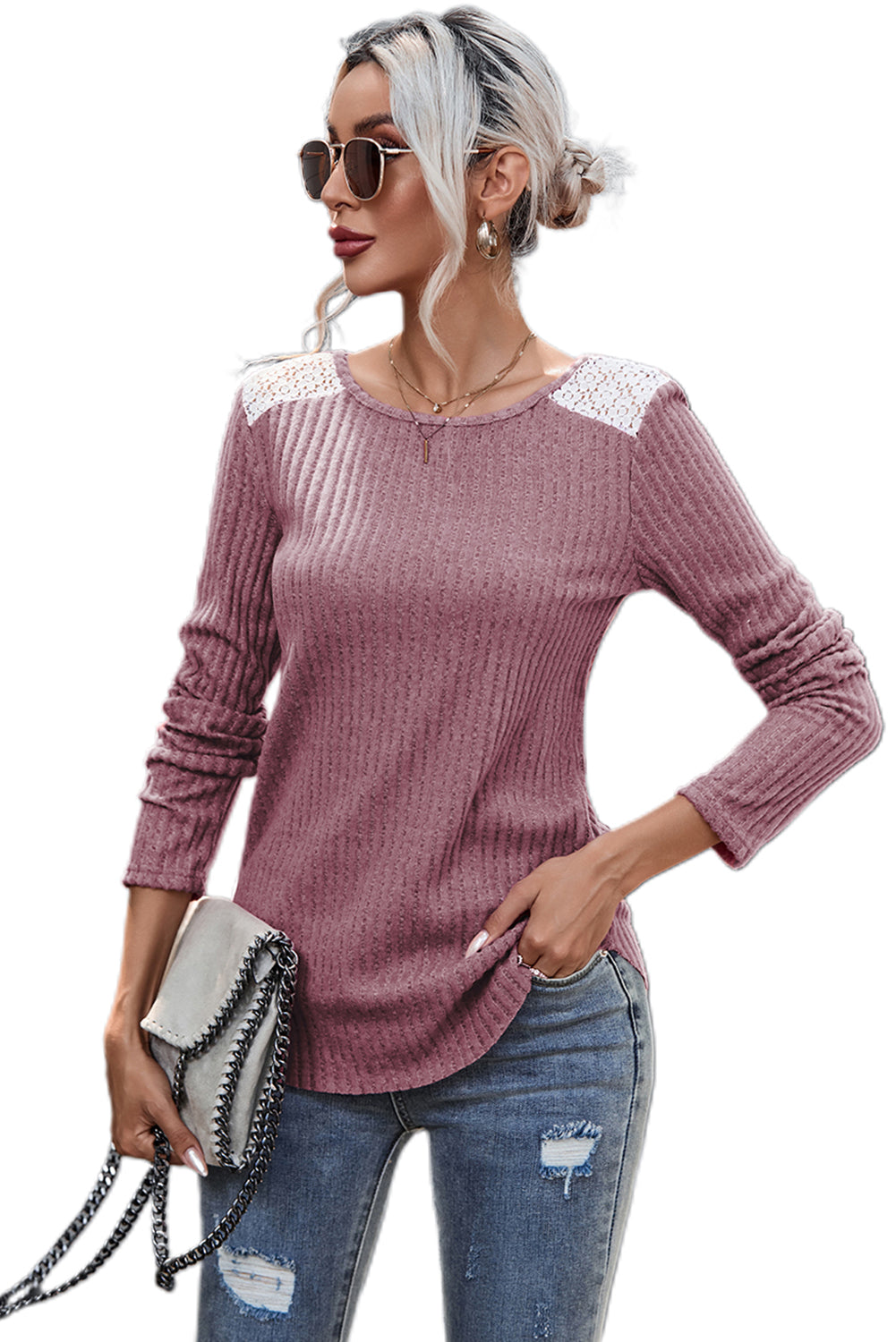 Pink Ribbed Knit Lace Patch Shoulder Casual Sweater