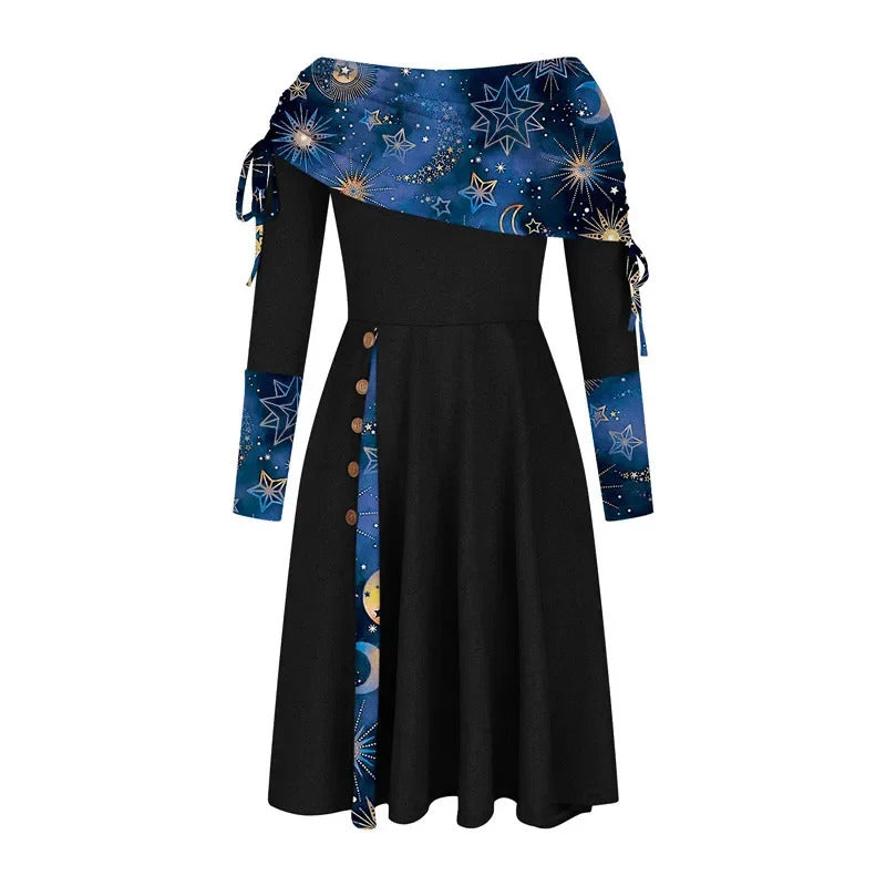 Fashionable Women's Autumn/winter Off-shoulder Long Sleeve Dress Waist-fitted Large Swing